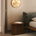 Stylish Melanie walnut wood bedside with open shelf and drawer