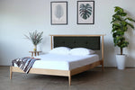 Abby Oak Wood Bed with luxurious upholstered headboard