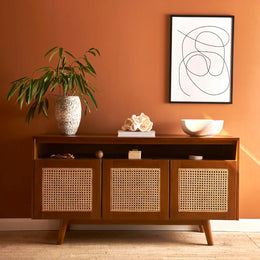 Premium Aerona Teak Wood & Rattan TV Unit with natural finish