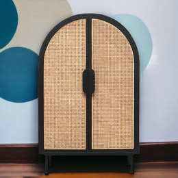 Teak Wood & Rattan  Black Finish Bar Cabinet Buy Online at best price